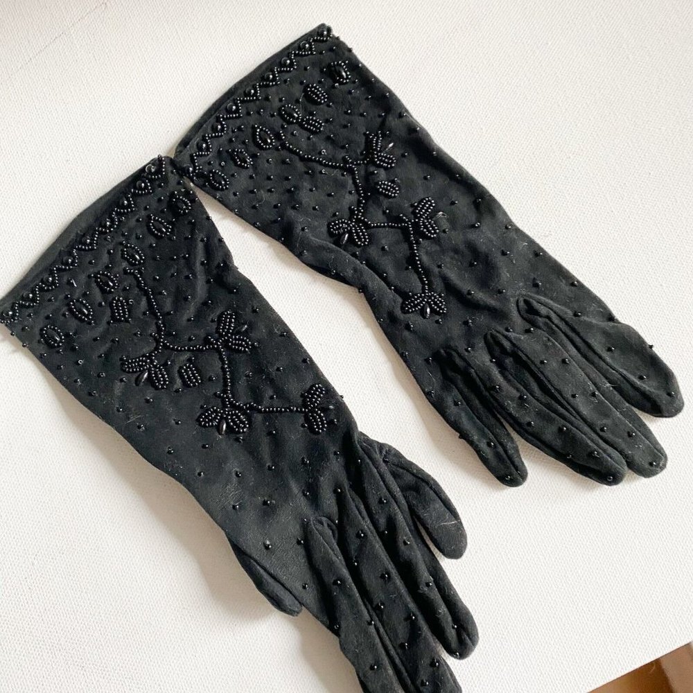 Vintage Black Stretchy Beaded Black Wrist Gloves Fine Quality 7 NEW Unused - Picture 1 of 6
